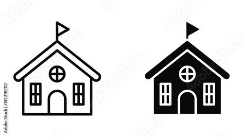 School building icon with a flag and windows, symbolizing education or learning, in outline and solid