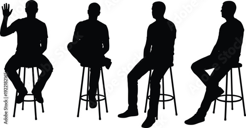Man Sitting on Bar Stool Silhouette Set Showing Casual Seating Positions, Relaxed Body Language, Conversation Gestures, and Modern Lifestyle Illustration Concepts