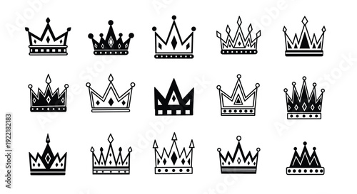A collection of black and white crown icons in various designs