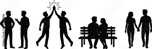 People Interaction Silhouette Collection Showing Conversation, Friendship, High Five Celebration, Couple Sitting on Bench, and Romantic Walking Lifestyle Concepts