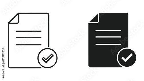 Document Verified Icon - Flat Design with Checkmark, Black and White Vector for Approval