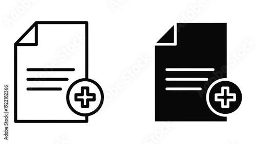 Add New Document File Icon - Flat Design with Plus Sign in Circle, Black and White Vector