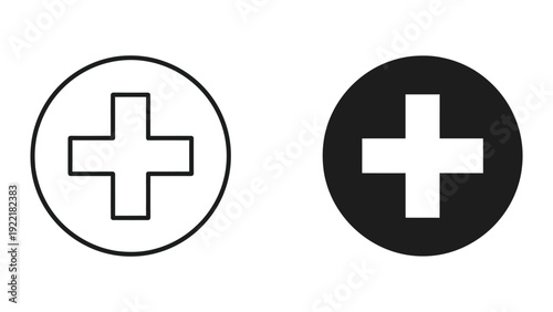 Minimalist Plus Sign Icon for Medical and UI Design, Black and White Outline and Solid Versions