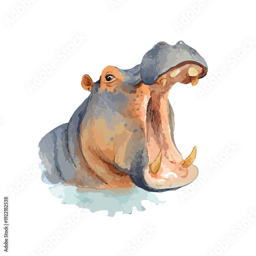 Watercolor Hippopotamus Head Roaring African Wildlife Art.