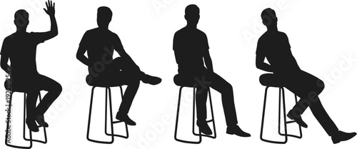 Man Sitting on Stool Silhouette Collection Showing Different Relaxed Poses, Casual Gestures, Conversation Postures, and Modern Human Body Language ConceptsMan Sitting on 