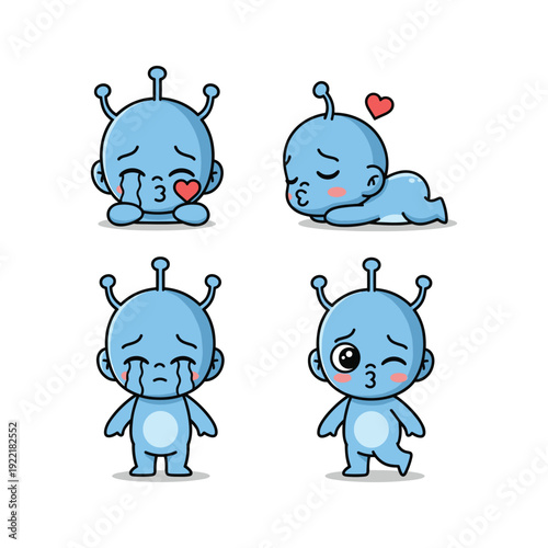 Cute cartoon alien emoticons showing various emotions with heart and tears