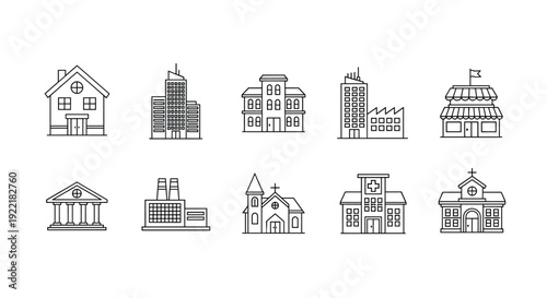 A set of minimalist line art illustrations of various buildings and houses