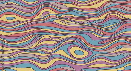Colorful abstract psychedelic pattern with flowing wavy lines in shades of blue, pink, yellow, and purple creating a marble liquid effect.