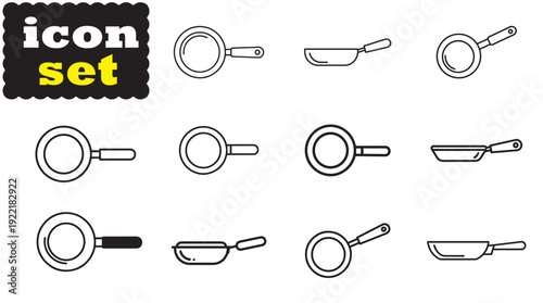Frying Pan Line Icon Set – Kitchen Cookware Outline Vector with Editable Stroke