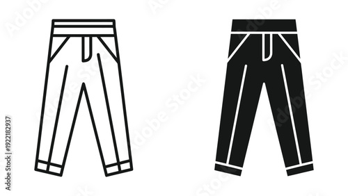 Pants icons in outline and solid black for clothing and fashion