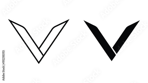 V shape symbols, outlined and solid black vector icons for down direction