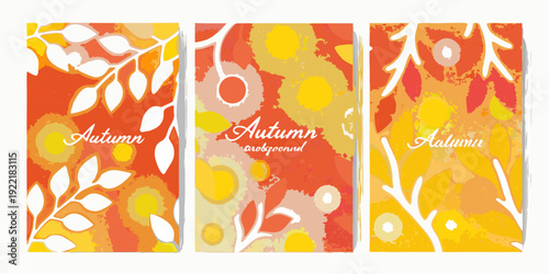 Three autumn themed banners with leaves swirls and vibrant colors