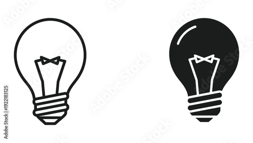 Classic light bulb icon, symbol of creativity and ideas, available in outline and solid black for diverse applications.