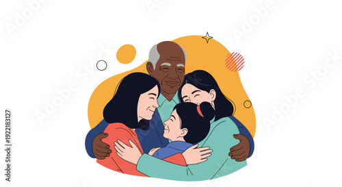 Heartwarming illustration of a diverse family group hug featuring a grandfather, two mothers, and a young daughter sharing a moment of love.