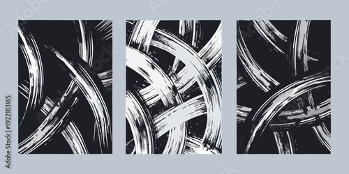 Abstract triptych featuring dynamic brushstrokes in black and white