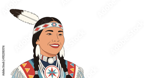 Beautiful portrait of a Native American woman wearing traditional tribal regalia with feathers, beaded necklaces, and embroidered clothing.