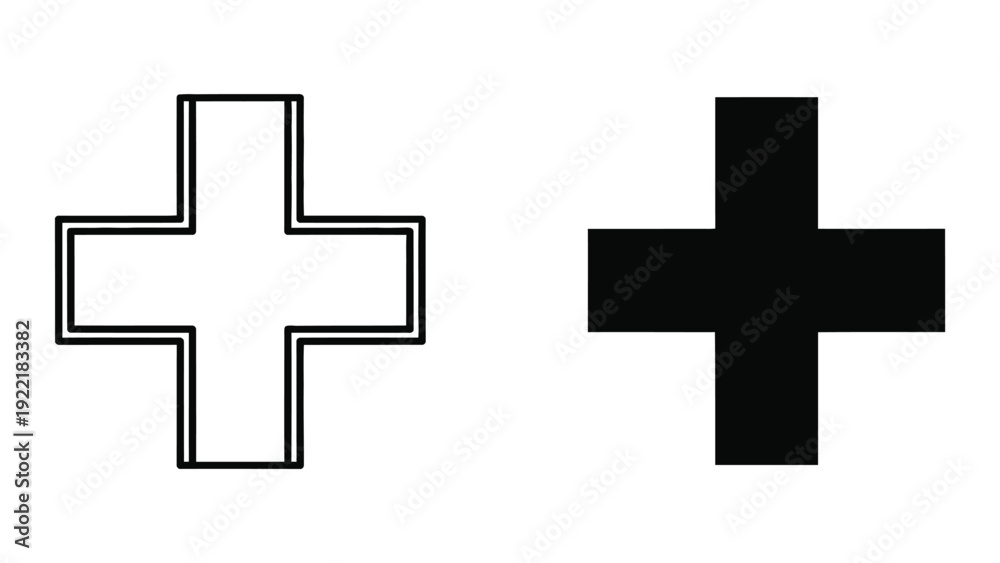 Fototapeta premium Cross shape symbol, representing medical, healthcare, or positive addition, shown in outline and solid black.
