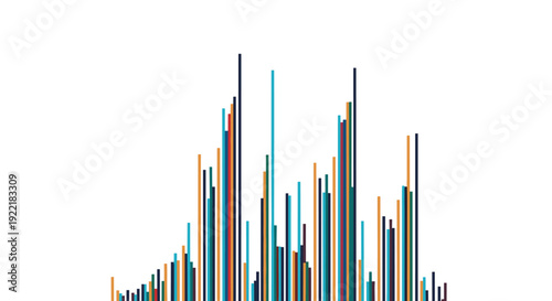 Abstract data visualization featuring a series of thin vertical bars of varying heights in a modern color palette on a clean white background.