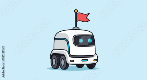 Friendly autonomous delivery robot on wheels with a digital face and a red flag on top, set against a light blue background for technology.