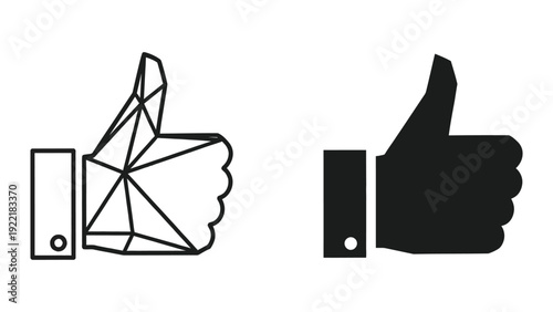Geometric Thumbs Up Icon Set: Wireframe Low Poly and Solid Flat Styles