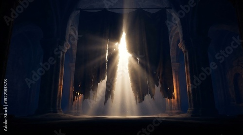 Mysterious figure emerging from an illuminated portal in a dark chamber
