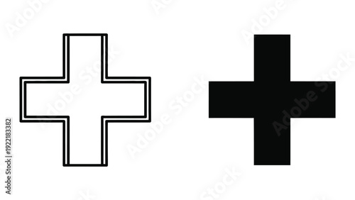 Cross shape symbol, representing medical, healthcare, or positive addition, shown in outline and solid black.