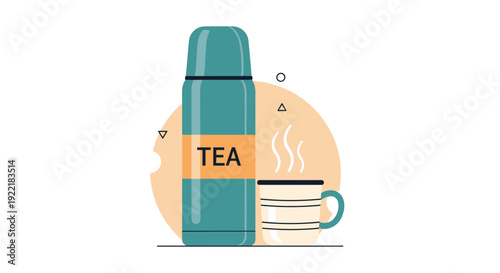 Teal thermos labeled tea with a matching striped mug filled with a hot steaming beverage on an abstract circular background decoration.