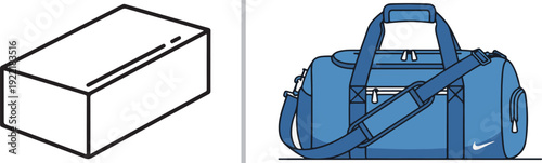 Minimalist gym icons featuring a black-and-white outline of a rectangular yoga block and a blue detailed sports duffel bag, separated by a vertical gray line on a white background.