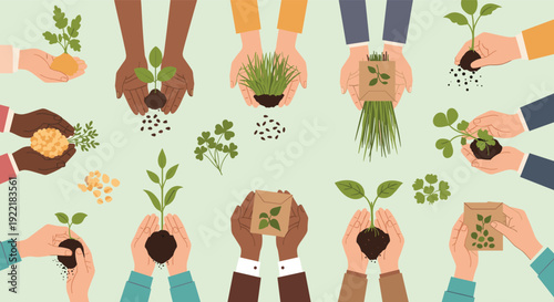 Diverse hands of different people holding soil with young plants and seeds to represent environmental conservation and global togetherness.