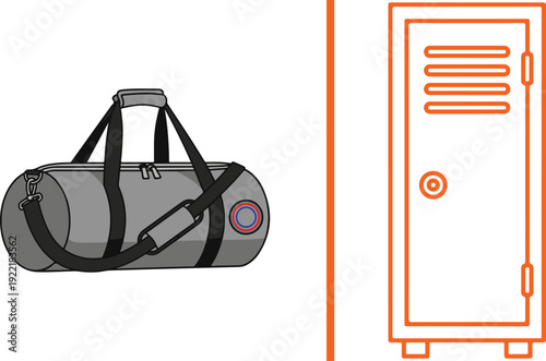 Minimalist gym and locker room vector icons featuring a detailed gray duffel bag and an orange outline of a storage locker, separated by a vertical orange line on a white background.