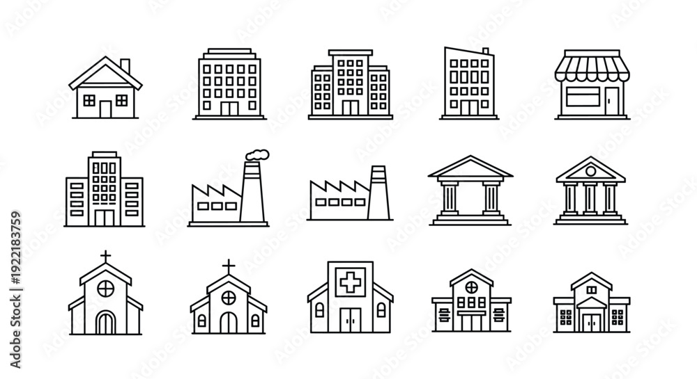 Fototapeta premium A set of black and white line art vector icons depicting various buildings and structures