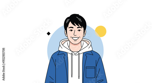Friendly portrait of a young man with black hair smiling and wearing a white hoodie under a blue denim jacket on a simple background circle.