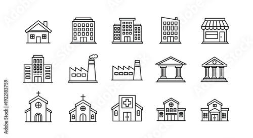 A set of black and white line art vector icons depicting various buildings and structures