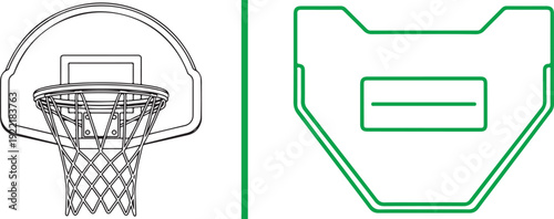 Minimalist sports vector icons featuring a detailed black-and-white basketball hoop with a net and a green outline of a protective sports mouthguard, separated by a vertical green line.