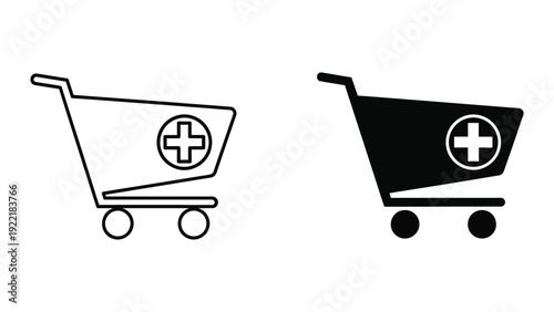 Pharmacy Shopping Cart Icon with Medical Cross for Health and Drugstore E-commerce
