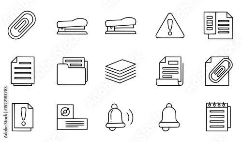 Office Document Outline Icons – Paperclip, Stapler, and Warning Vector Set