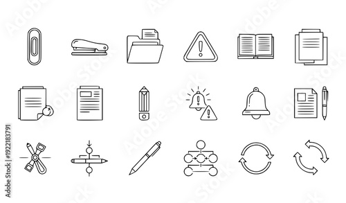 Modern Document Management Icons – Paperclip, Stapler, Warning Outline Vector