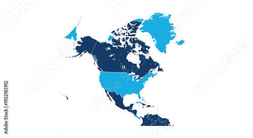 Geographic map of North and Central America using a professional blue color scheme to highlight various countries and major islands of region.