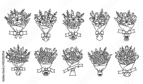 Flower Bouquet Outline Icon – Floral Arrangement Vector Illustration