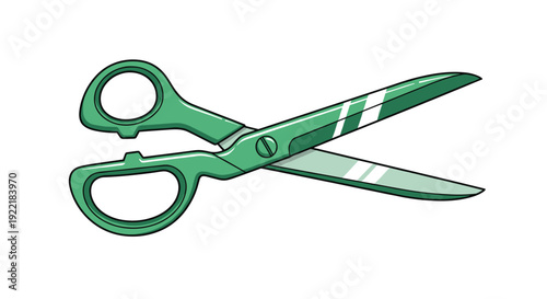 Pair of sharp green scissors with a metallic blade rests against a white background for arts and crafts projects and cutting tasks.