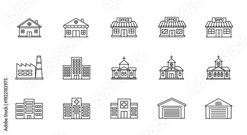 A set of minimalist line art illustrations of various buildings and houses