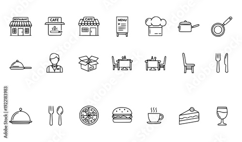 Modern Restaurant and Food Services Icons – Building Outline Vector Illustration