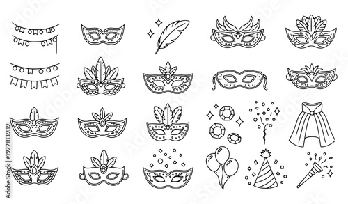 Carnival Mask Outline Icons – Festival and Celebration Costume Vector Illustration