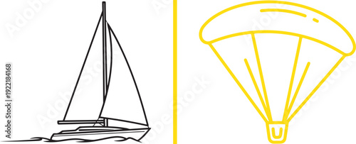 A sports vector set featuring a black line-art sailboat and a bright yellow paraglider. Ideal for representing wind-powered adventure, marine travel, and extreme aerial sports.