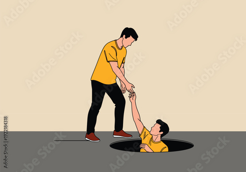 Man Helping Another Man Out of a Hole