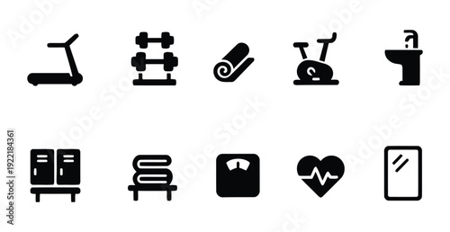 Gym and fitness icons showing exercise equipment, lockers, and health monitoring items