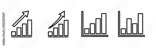 Growing bar chart and arrow icon set symbolizing business growth and success