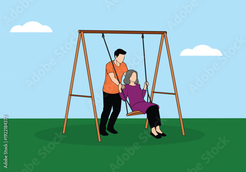 Man Pushing Woman on a Swing in Park