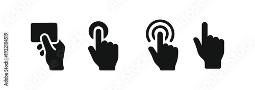 Hand gestures icons showing finger touching pressing and holding a card for interaction and digital actions