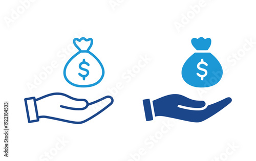 Hand holding a money bag icon two styles outlined and filled blue